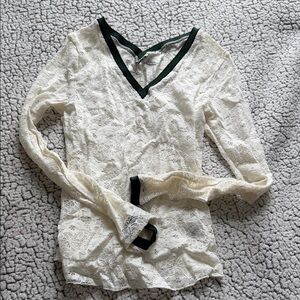 Free People Lace V-Neck Blouse - Cream and green